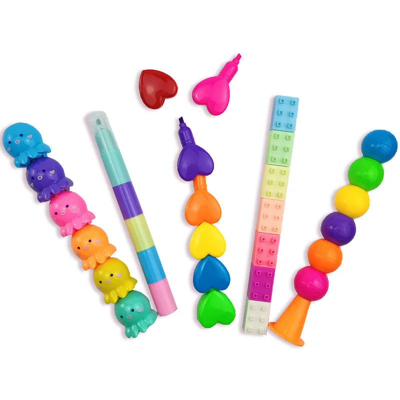 2024 Hot sale Magic Rainbow Pastel fluorescent Color Marker Pens Stackable cartoon Shape Plastic Highlighter Pen