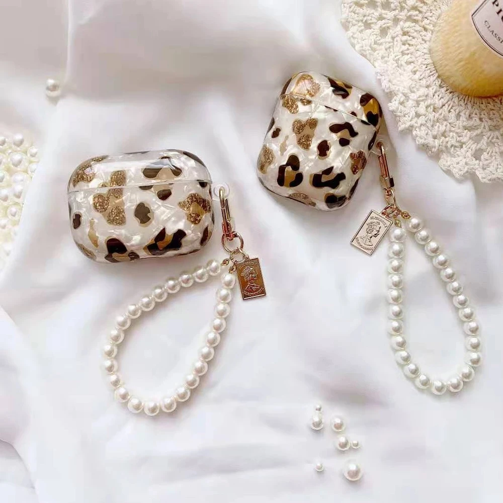 
Luxury Leopard Pearl Case for Apple Airpods 2 Bracelet Chain Case for AirPods Pro Case Earphone Box 