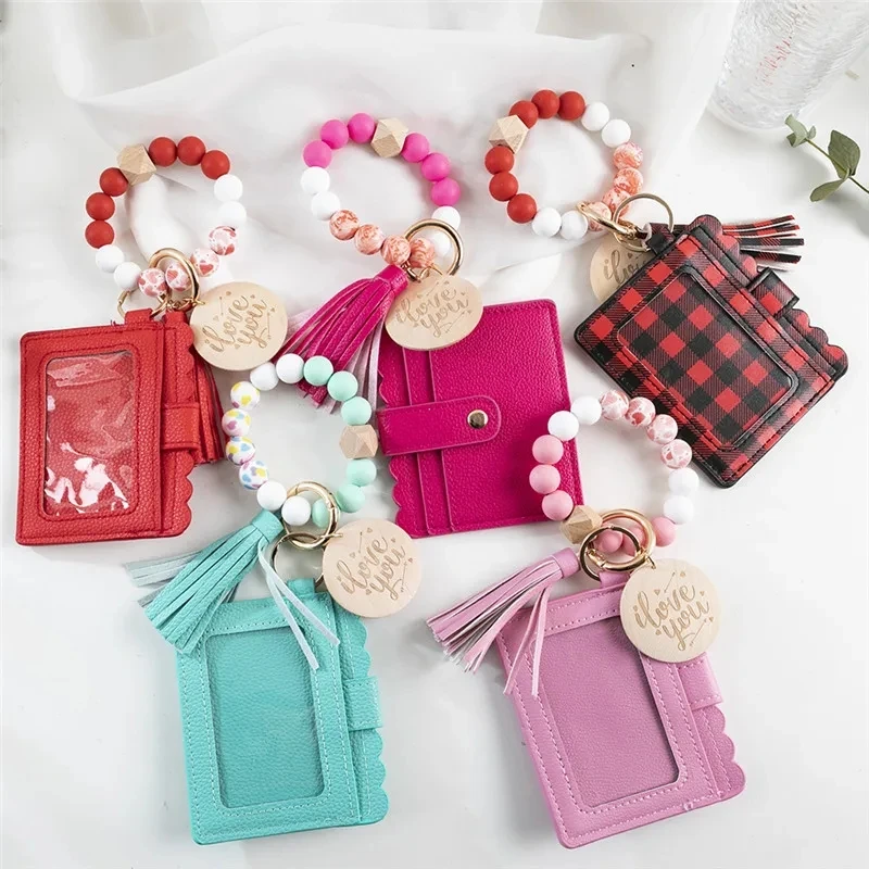 2024 Silicone Bead Bangle wood disc Key Ring Leather Credit Card Holder Tassel Bangle Keychain With Matching Wristlet Wallet