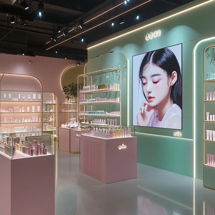 Custom Wooden Store Cosmetic Retail Shelves Glass Showcase For Cosmetics Store Cosmetic Display Stand