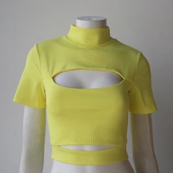 Neon  Cut Out Sexy Slim Fit Short Sleeve Turtleneck Blank  Sport Female T-shirt Crop T-shirt For Women