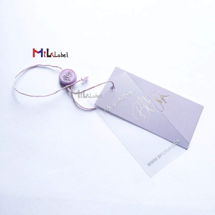 custom clothing tag foil stamped logo clear PVC hang tag 400gsm paper with plastic hang tag string for clothing hangtags