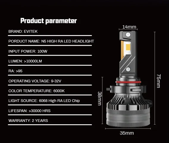 EVITEK 2 years warranty N5 H7 H11 H1 H3 9006 9005 H4 H13 Led Headlight Bulbs Super Bright 110W 18000LM 12V 6068 CSP LED Chips
