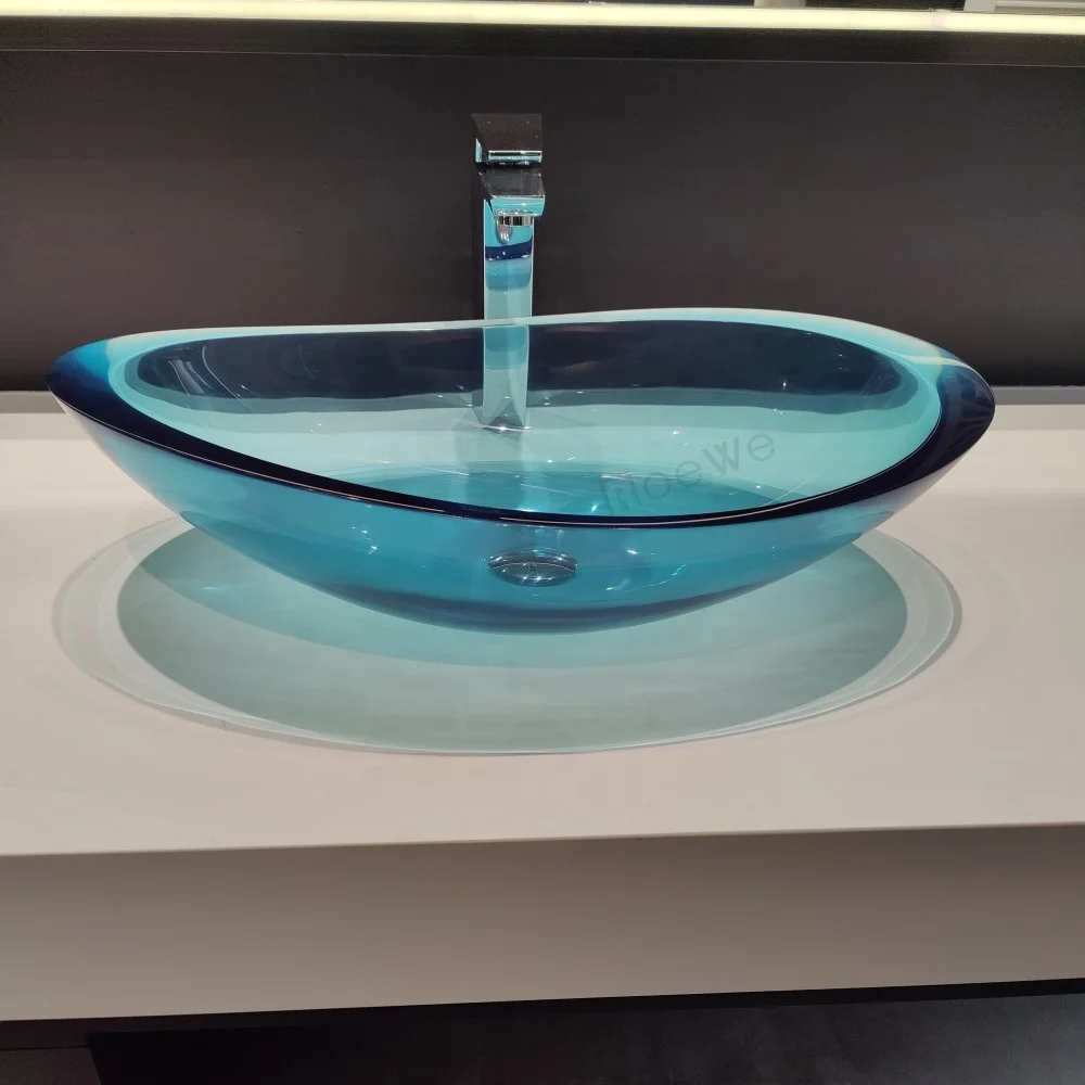 crystal transparent bathroom sinks, blue color resin basin counter top translucent clear wash basins
