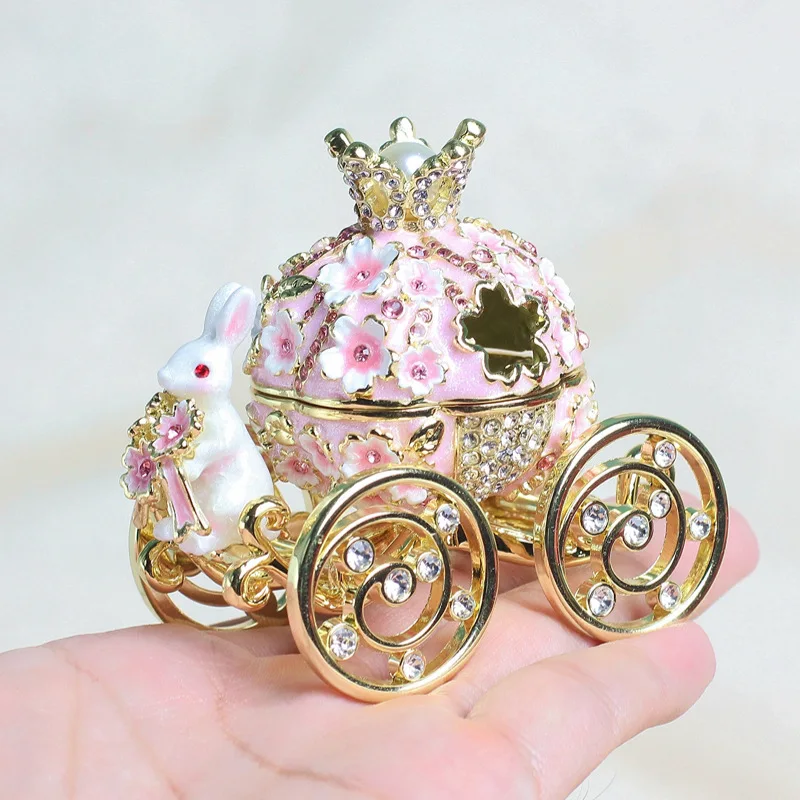 Rabbit Carriage Filigree Enamel Jewelry Box Handicrafts Cartoon Light Luxury Art Creative Metal Crafts Home Decor Iron Europe