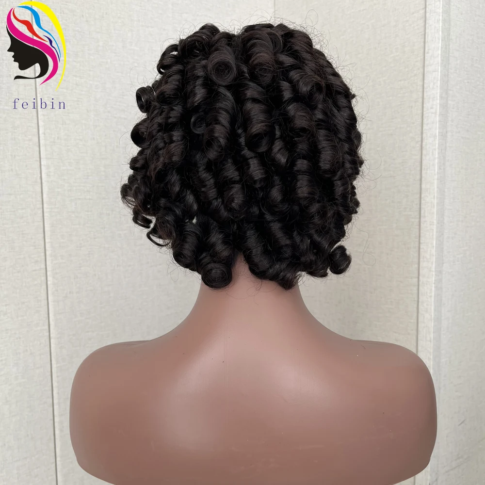 Cheap Price Fumi Curly Human Hair Wigs for Women Pixie Cut Rose Curly Full Machine Wigs Egg Curls Bob Wig With Bangs