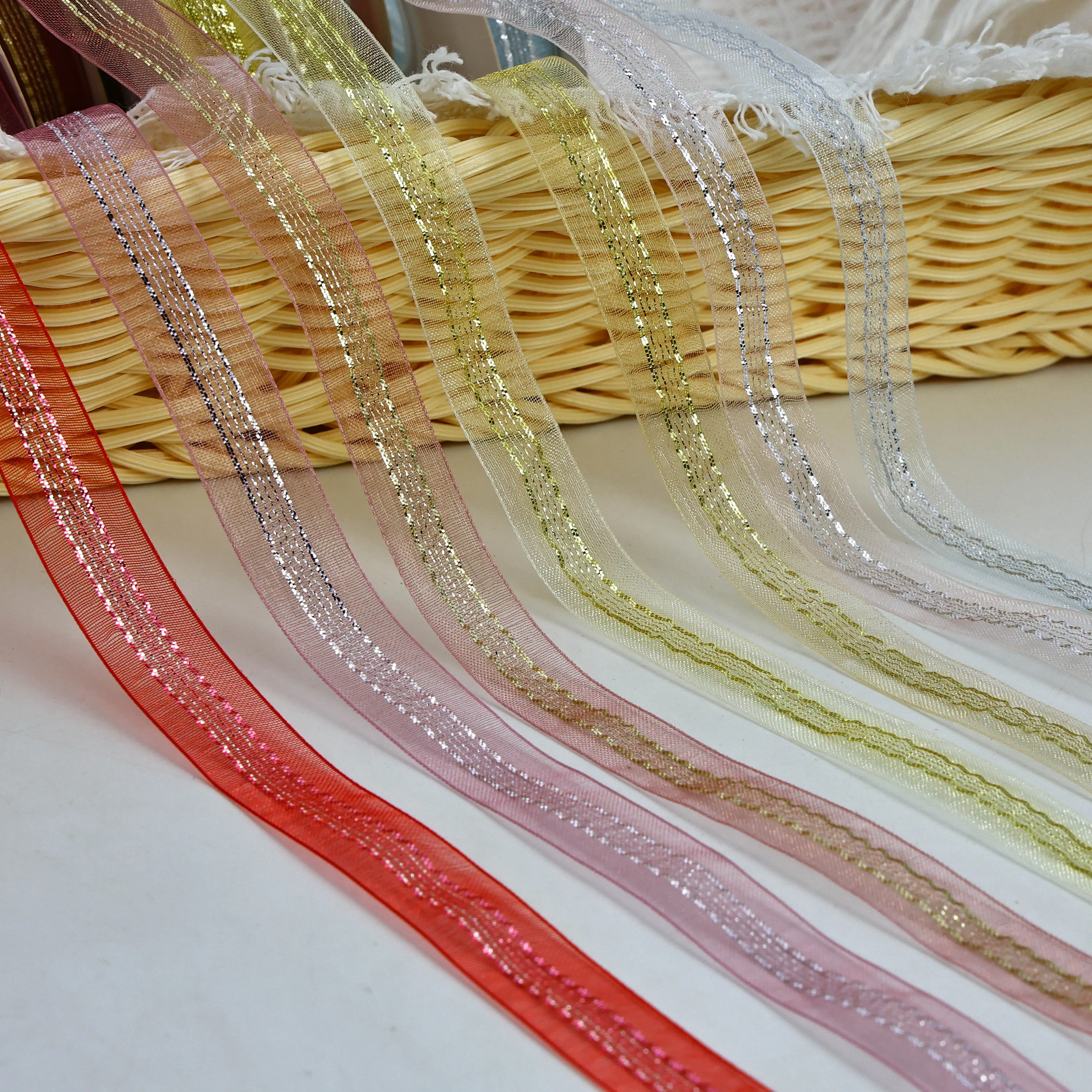 High Quality Custom Light Blue Gold Chiffon Ribbon Red Satin Organza Border Polyester Fabric Bow Logo Gift Wrap Holiday