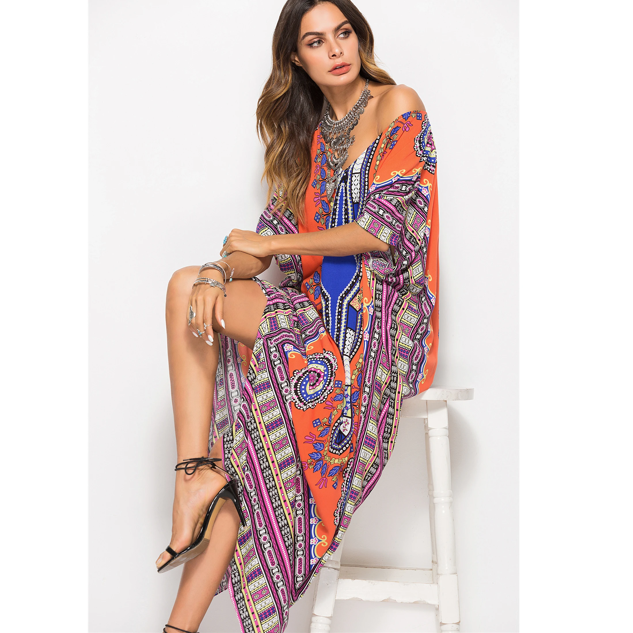 Women V Neck Caftan Dress Kimono style kaftans Beach Casual Dresses Swimsuit cover up Floral Long Maxi Dress