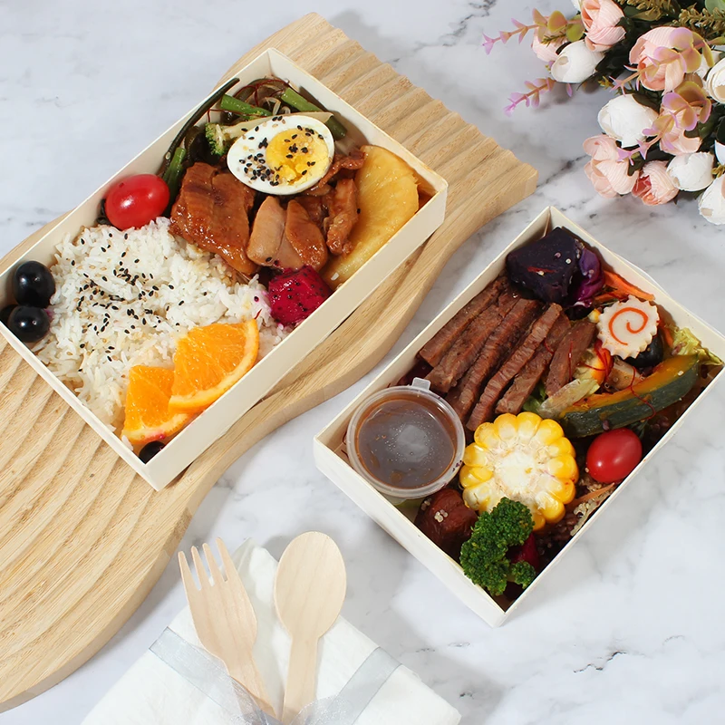 Japanese Wholesale Disposable Wooden Takeaway Food Containers Sushi Tray Take Out Rice Lunch Bento Meal Prep To Go Packaging Box