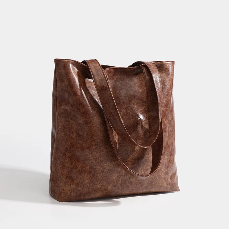 High Quality Brown Eco Friendly PU Leather Women Tote Bag Large Capacity Shoulder Handbags For Wome