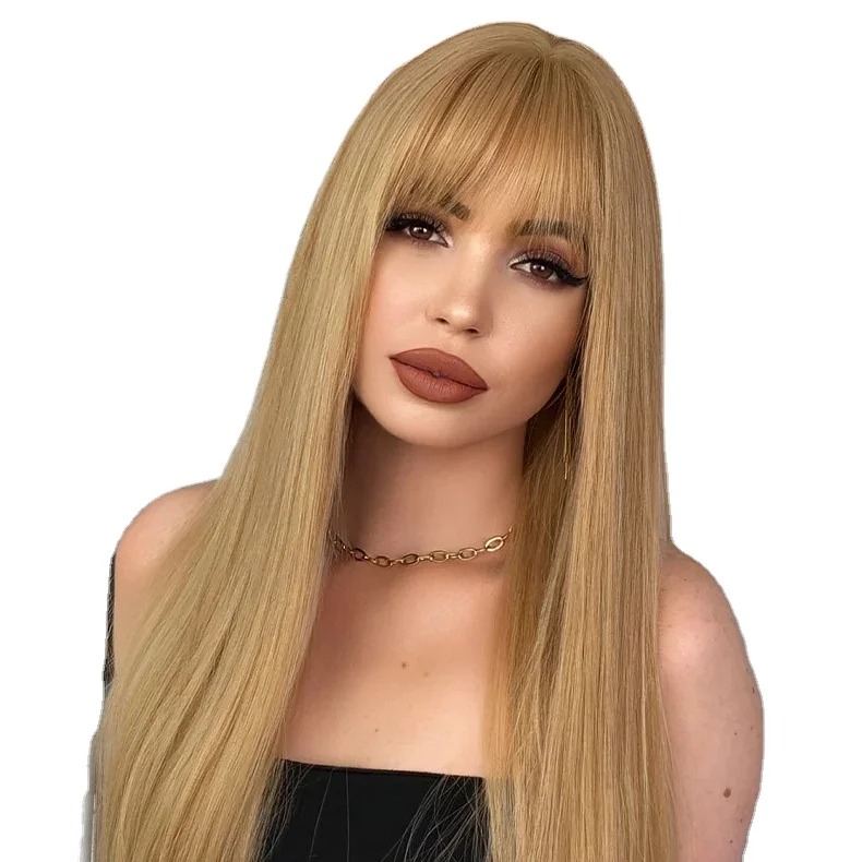 2023 Hot Style European and American wig long hair blond 22INCH bangs long hair chemical fiber head set wholesale