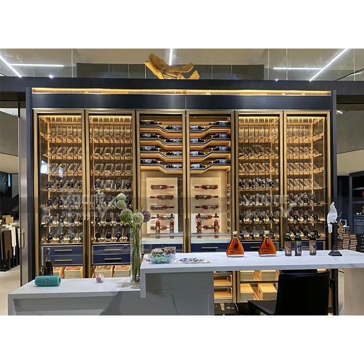 Commercial design cooling stainless steel display racks luxury wall large wine cellar whiskey glass display wine cabinet
