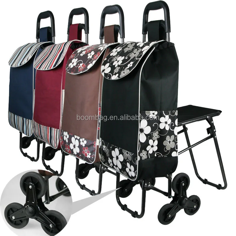 Reusable Portable Supermarket Vegetable Grocery Stair Climbing Folding Shopping Trolley Bag with Chair