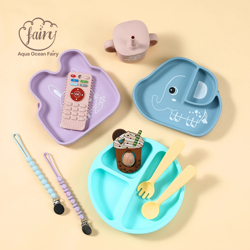 Elephant Lion Dinosaur Rabbit Animal Food Grade BPA Free Placemat Suction Plate Fork Spoon Silicone Baby Feeding Tableware Set