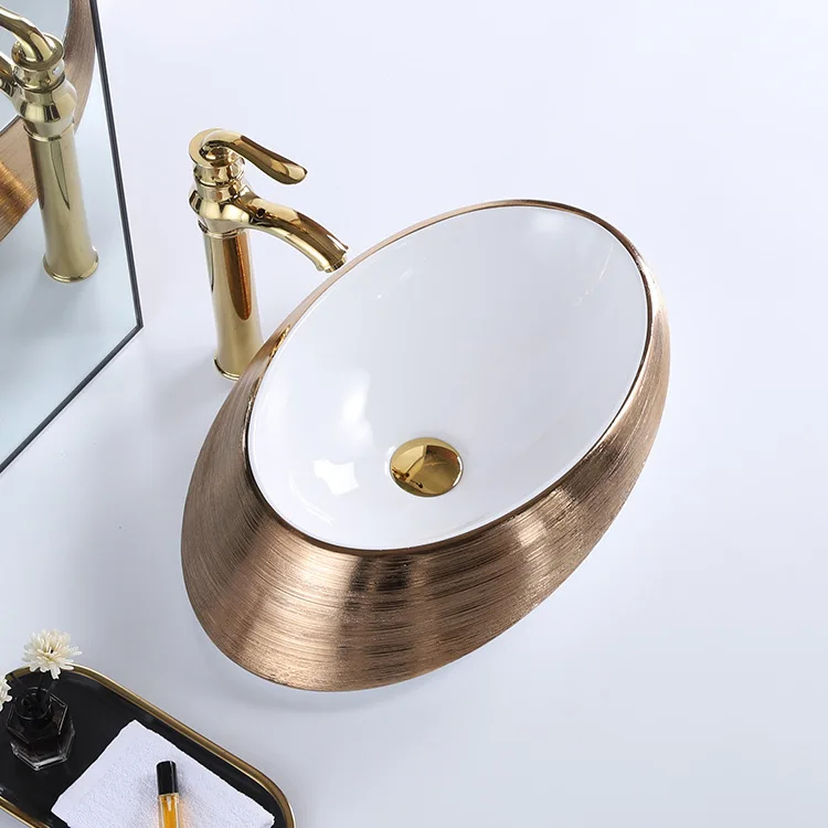 New Design Plated Silver Color Ceramic Countertop Art Hand Wash Basin Vessel Bathroom Sinks