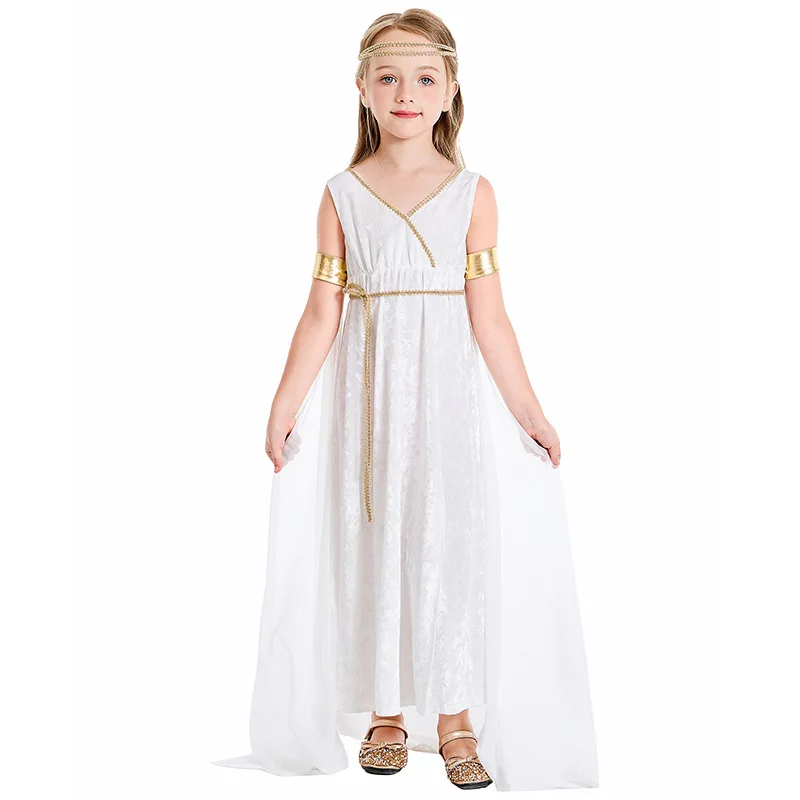 Halloween Clearance Sales Girl Costume Greek Goddess Costume Kids Athena Cosplay Long White Dress