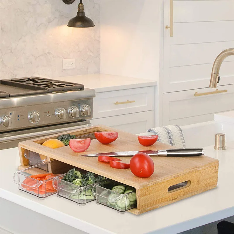 Оптовая продажа Бамбуковая разделочная доска с 4 ящиками для кухни приготовления пищи