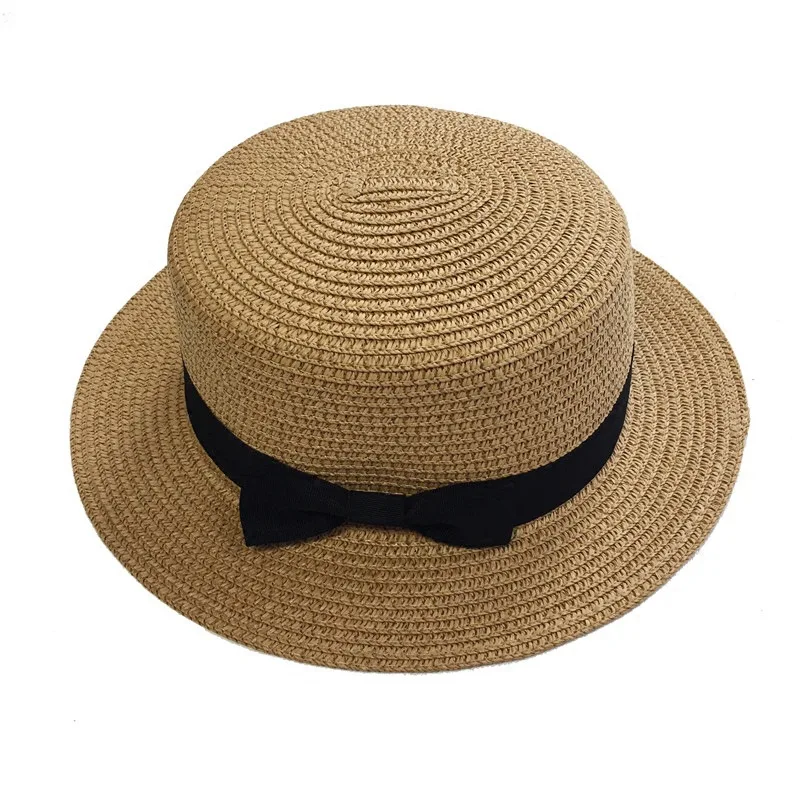 
Women Summer Boater Beach Hat Flat Brim Bowknot Straw Panama Sun Hat Paper 