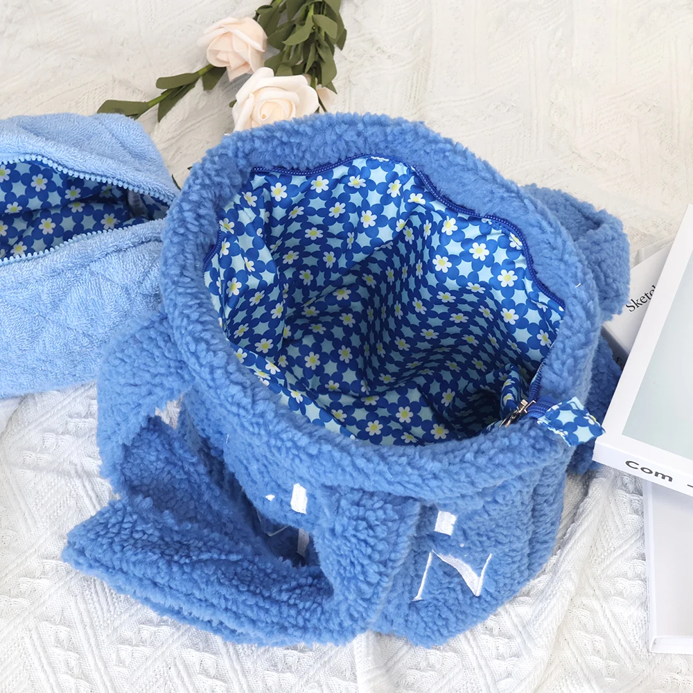 Custom Size Embroidery Logo Women Casual Navy Blue Boucle Teddy Fabric Zipper Underarm Shoulder Bag