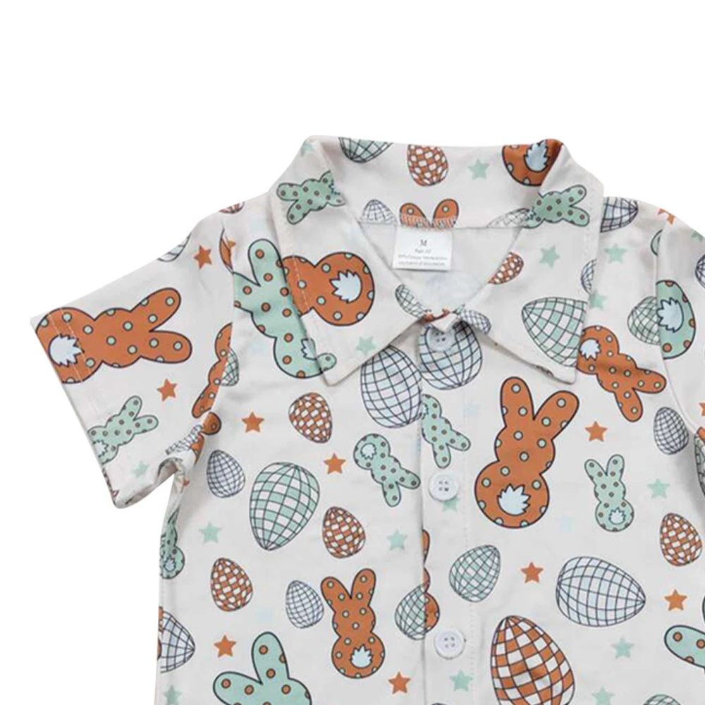 Easter pullover white short sleeves bunny eggs print button down wholesale boys pullover boutique low price ready to ship no moq