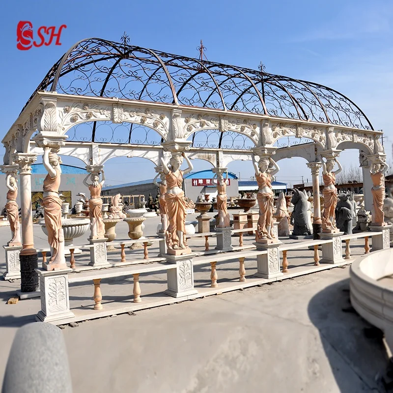 Outdoor Large Garden White Marble Gazebo With Sculpture