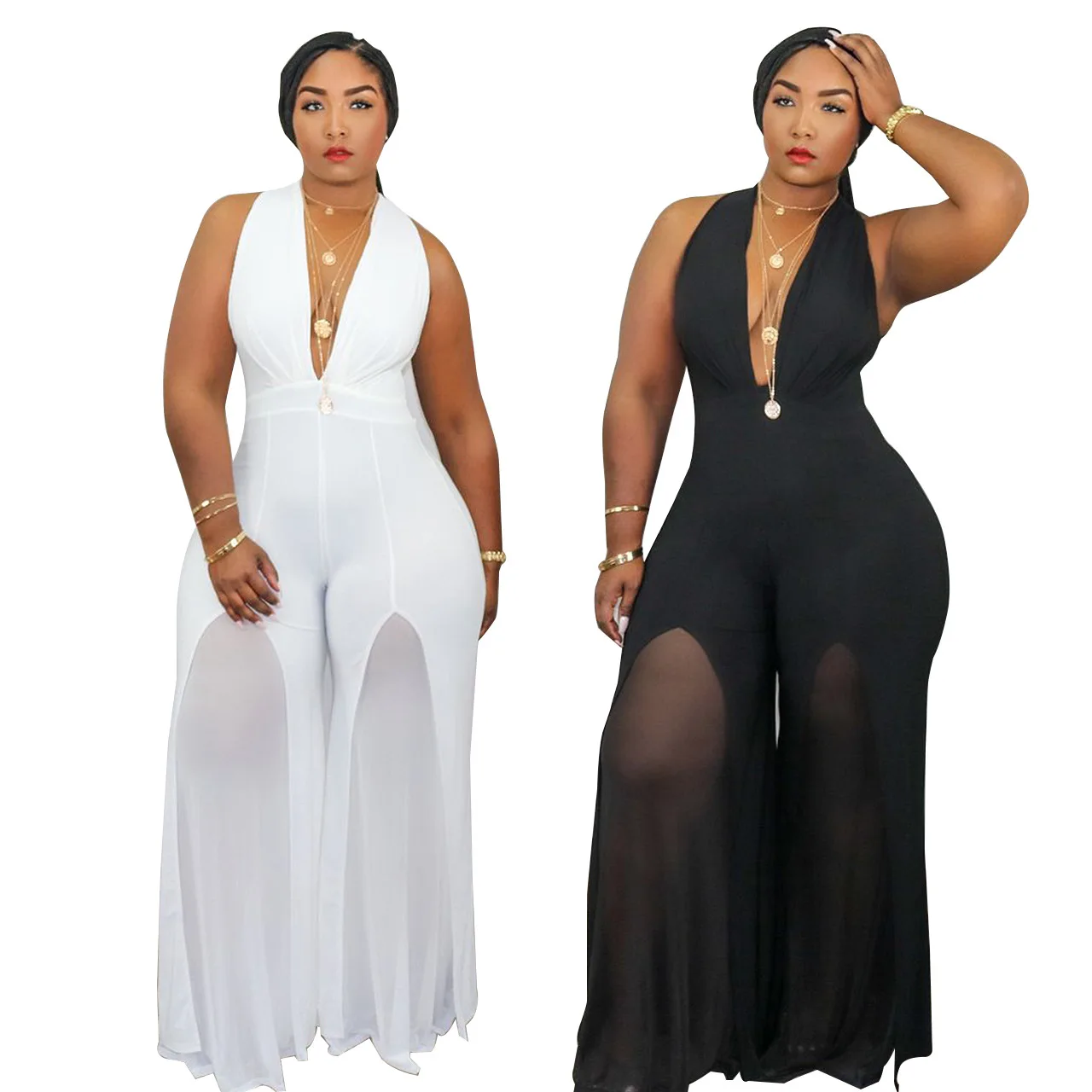K2143  Summer Sexy V-Neck Halter Stitching Chiffon One Piece Wide Leg Pants Rompers Women Casual Plus Size Jumpsuit 2022