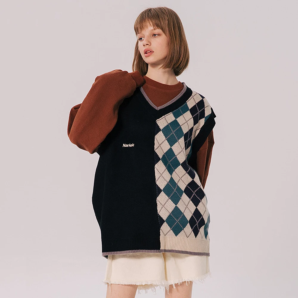 Женский винтажный пуловер с рисунком ромбиками, Свободный Повседневный пуловер без рукавов, вязаный свитер, жилет в стиле унисекс, большие размеры