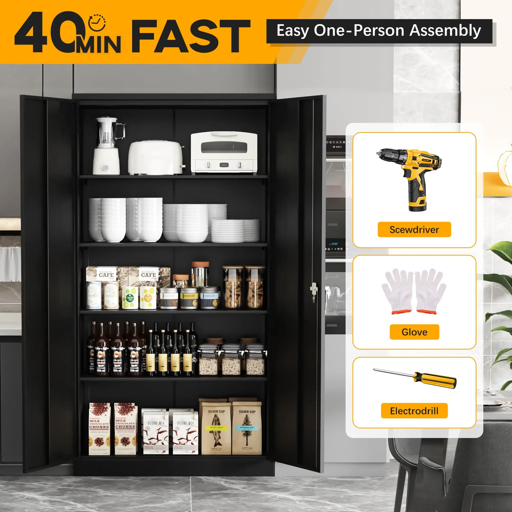 Metal Filing Cabinets 2 Doors 4 Adjustable Shelves Black Steel Lockable Storage Cabinets Safety Organizer File Cabinet