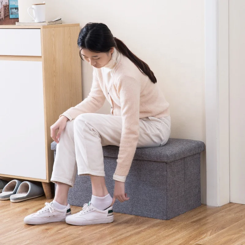 Living Room Furniture Fabric Linen Collapsible Toy Footrest Foldable Ottoman Bench Storage Box Stools Ottoman Home Organization