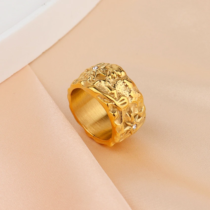 Minos Designs Irregular Texture Ring Gold Plated Stainless Steel Waterproof Ocean Jewelry 18k Chunky Rings Women with Zircon