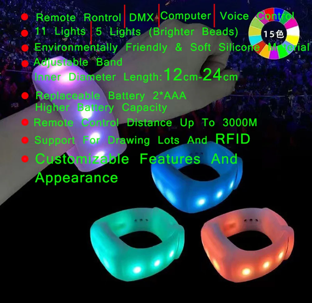 2024 Chinawill 11Lights Glow Bracelets Led Wrist Band Pulsera Led Dmx Control Light Up Bracelets Festival Led Wristbands