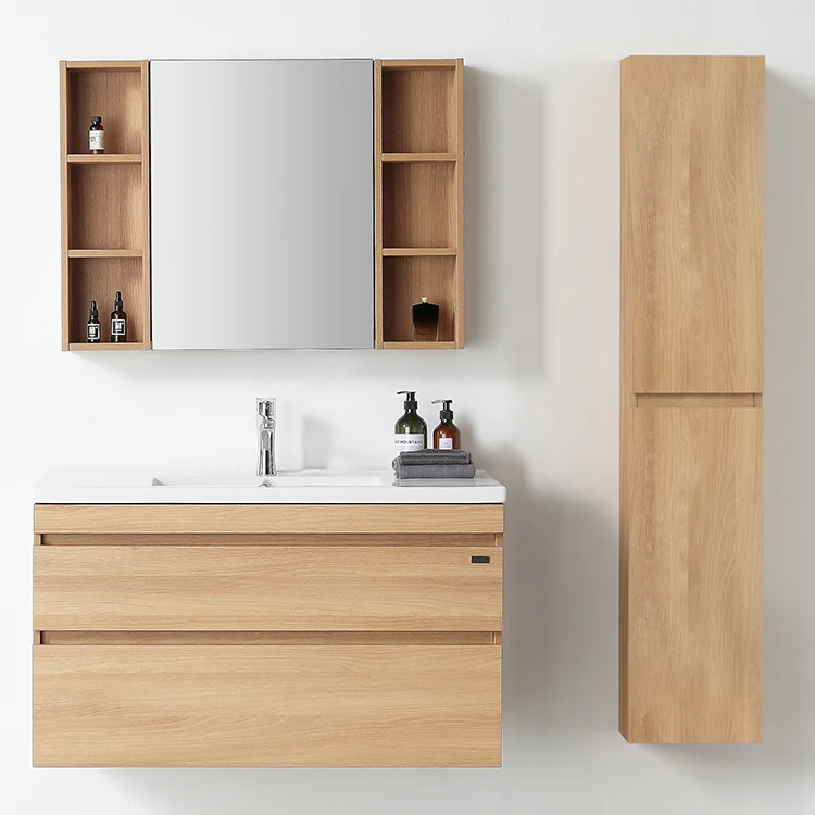 
Self design factory european wood color finish bathroom furniture cabinet set side cabinet modern ceramic basin 