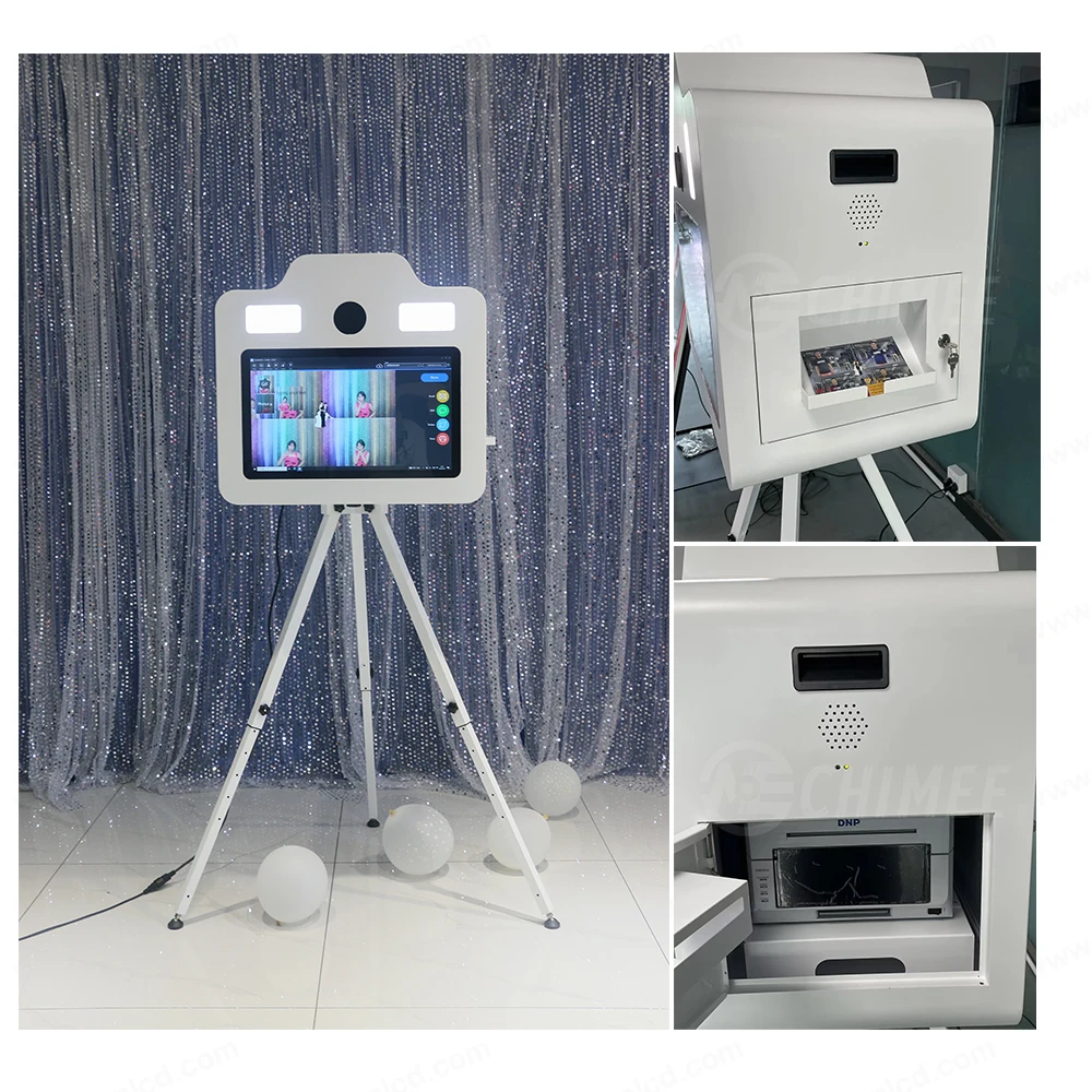 portable stable tripod photo booth box with catch photo tray put the printer inside 21.5 inch touch screen dslr photobooth shell