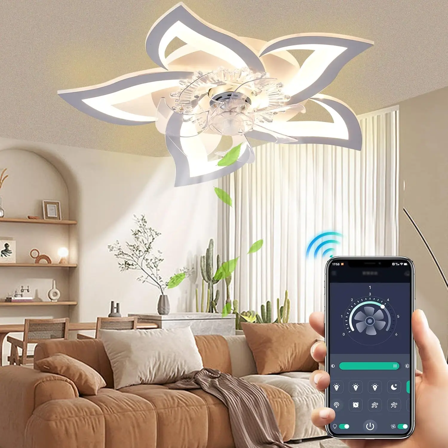 Factory wholesale modern luxury nordicceiling lamp flower shaped 6-speed wind speed with remote control fan light