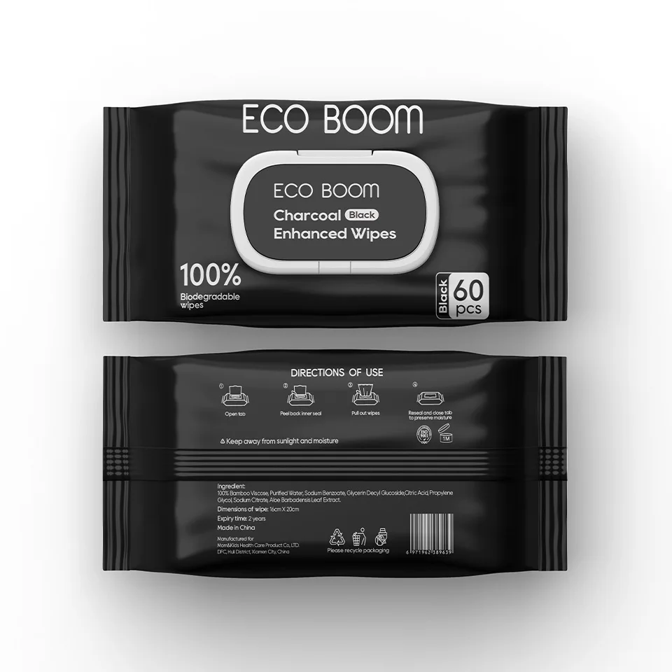 ECO BOOM degradable ecological natural ecologic alcohol free 100pcs sensitivity company brand Charcoal water wipes