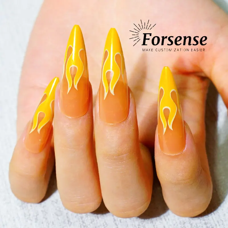 wholesale extra long almond nail tips press on false fingernail pointed stiletto fake nail flame presson stick on nail with glue