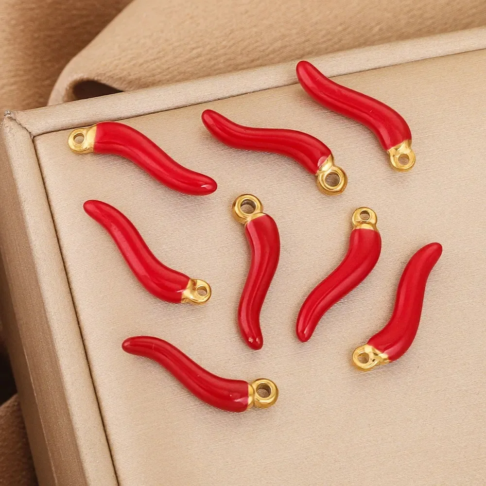 5Pcs Stainless Steel Enamel Red Pepper Charms Pendants For DIY Handwork Jewelry Making Necklace Keychain Accessories Wholesale