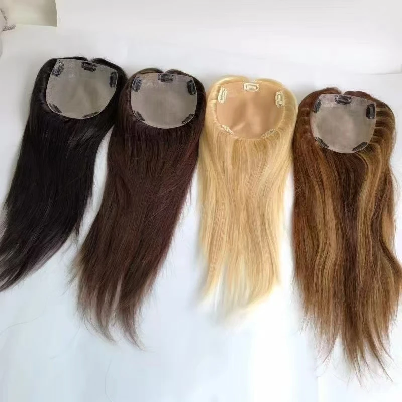 Blonde Silk Hair Topper with PU Skin Natural Front Hairline 100% Human hair Indian Straight for Women