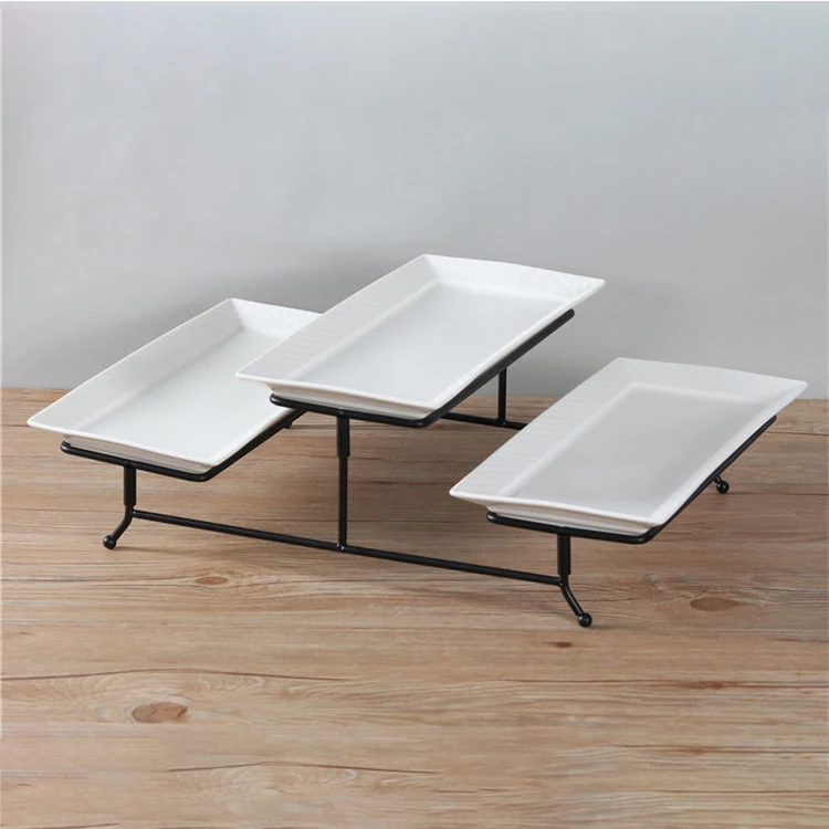 New arrival simple design white porcelain 3 pcs serving plate ceramic dessert plates set with iron stand