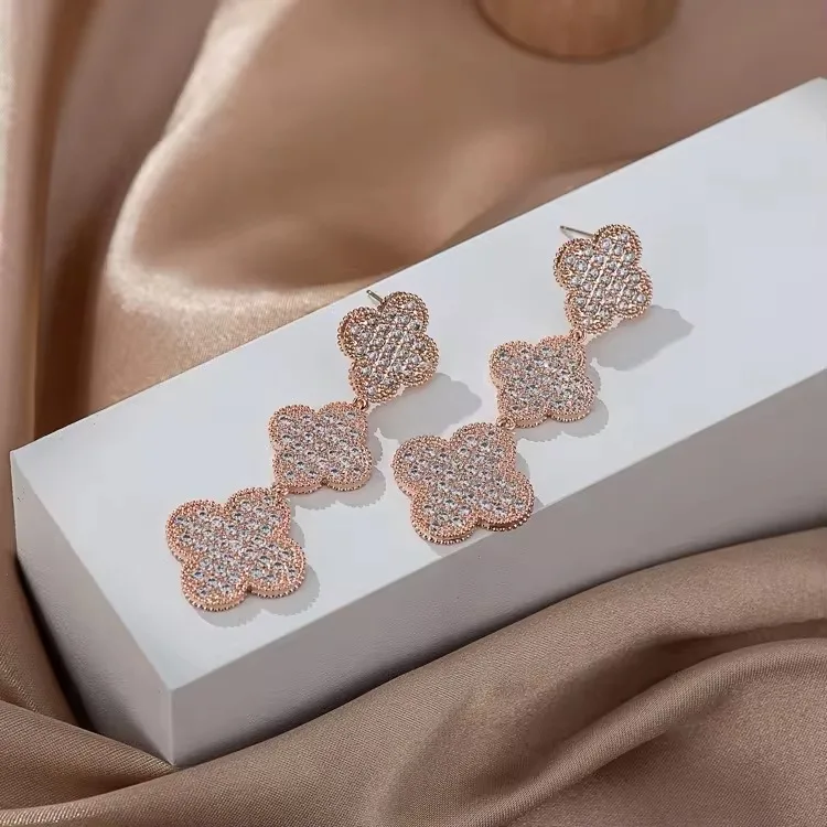 New Trendy Luxury Cubic Zirconia Rose Gold Plated Four Leaf Clover Drop Earrings For Wedding Bridal