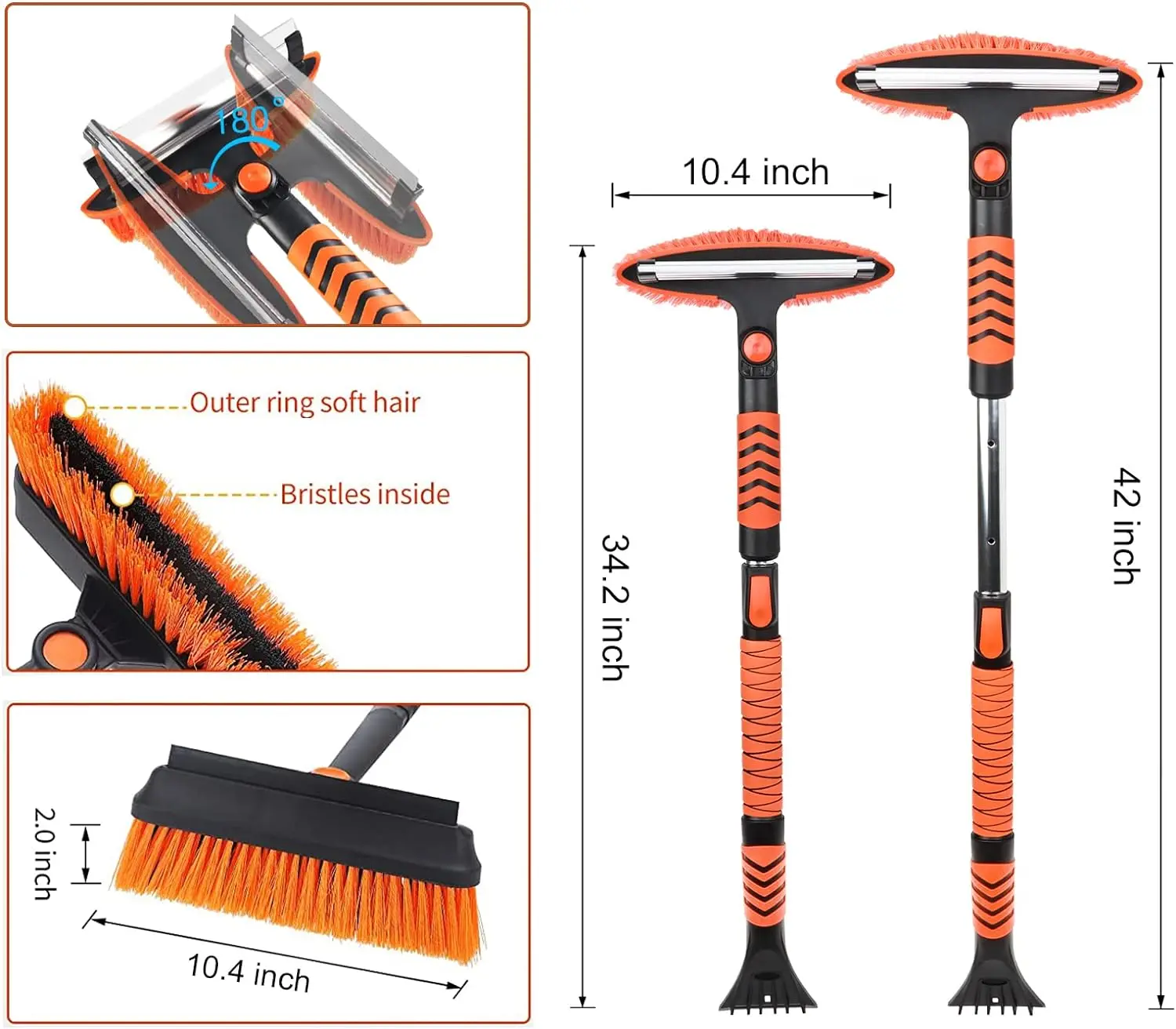 42'Cars Ice Scraper and Extendable Snow Brush Emergency Snow Shovel Snow Broom with Foam Grip 180° Pivoting Brush