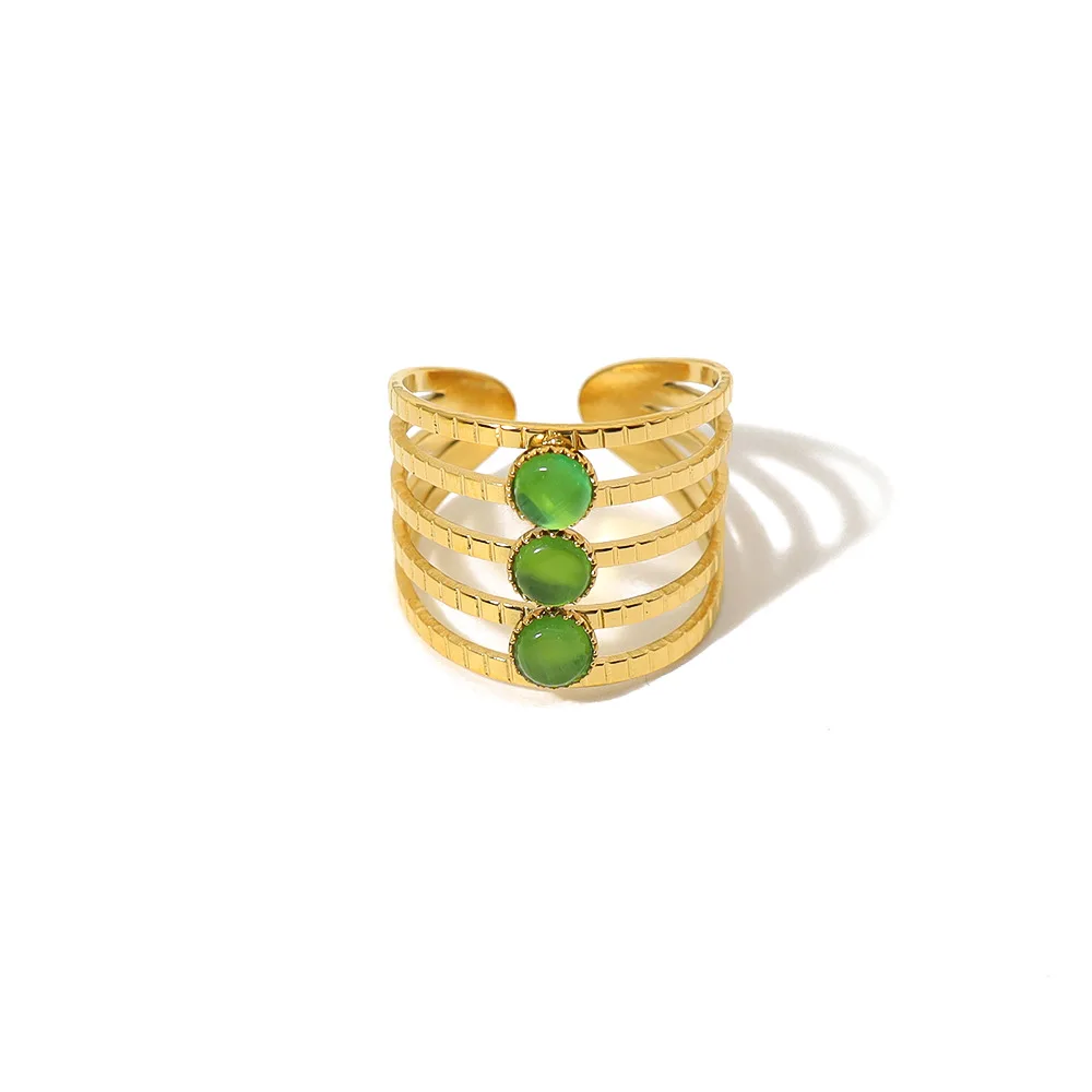 High Quality Design Stainless Steel Jade Layered Ring Gold Plating Double Layered Gemstone Opening Ring