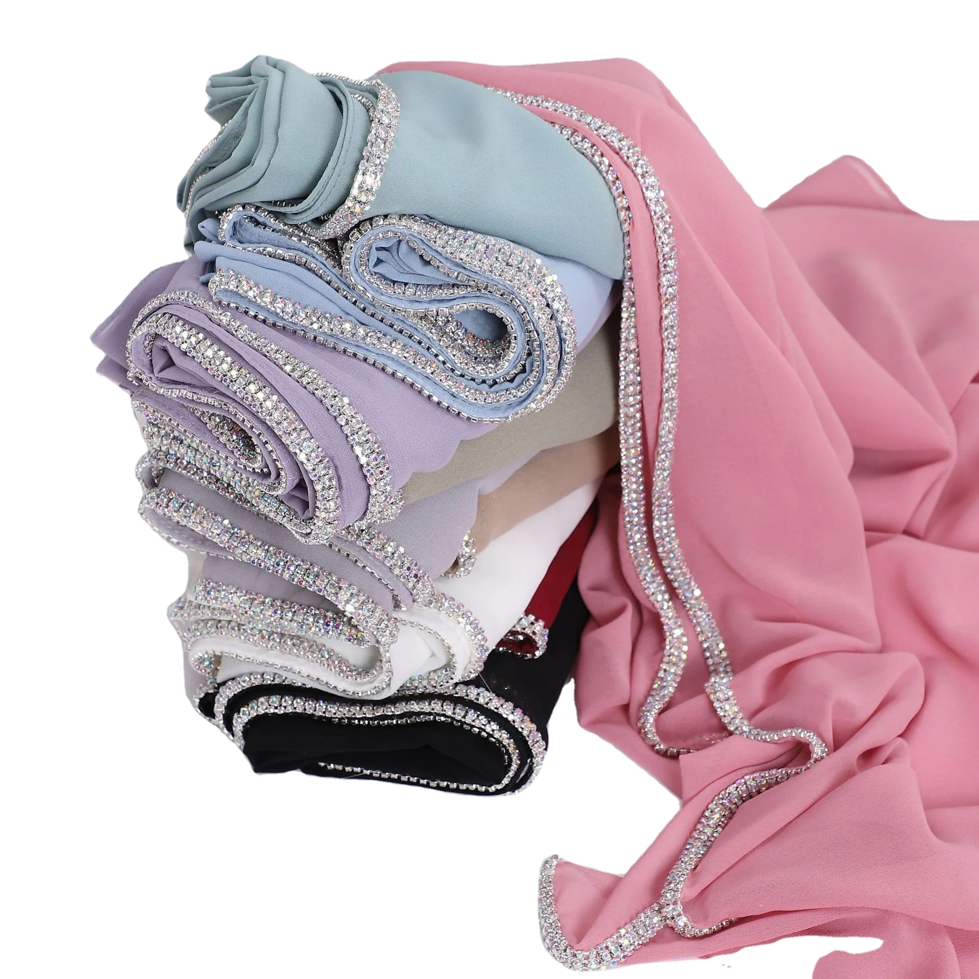 2024 Wholesale Luxury High Quality Sparkling Bright Rhinestone Diamond Premium Malaysian Hijab Muslim Women Chiffon Hijab Scarf