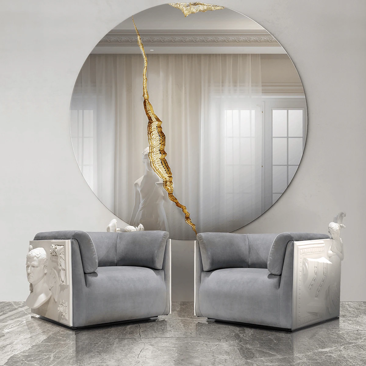 Versailles-Inspired Luxury Armchair - Fiberglass Molded, Velvet Upholstery, Stone-Finished Resin/Fiber