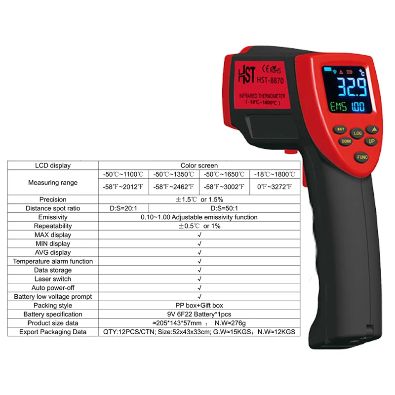 Pyrometer 1800c Industrial industrial Non-contact IR infrared temperature measuring gun 100 sets of data storage