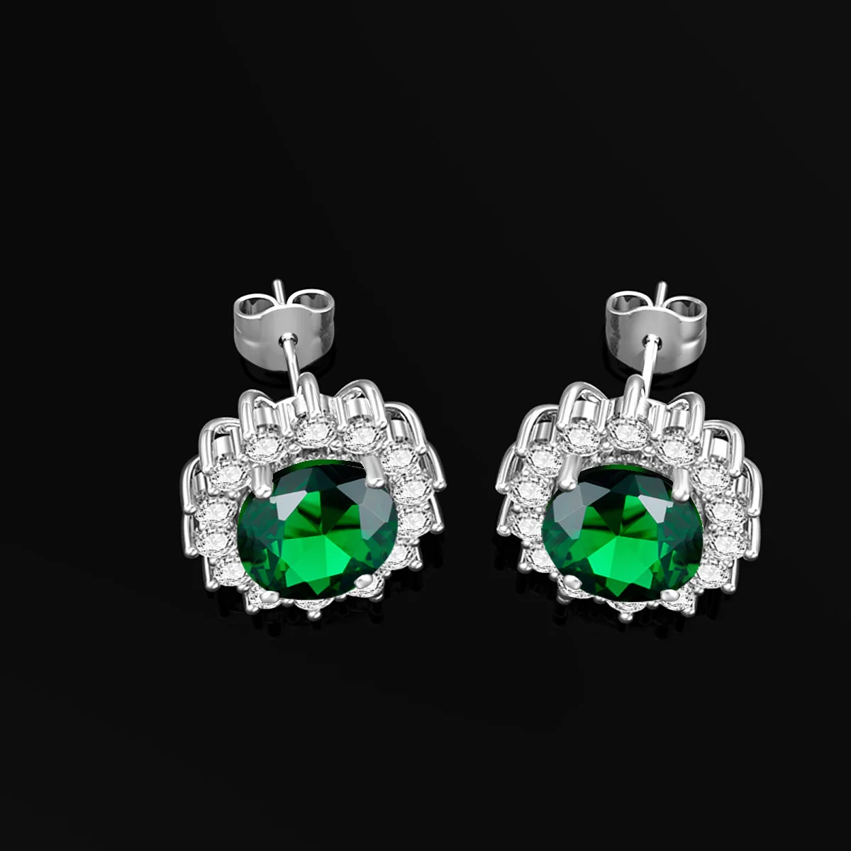 Classic Princess Diana Oval Cut Gemstone Halo Emerald 925 sterling silver studs earrings