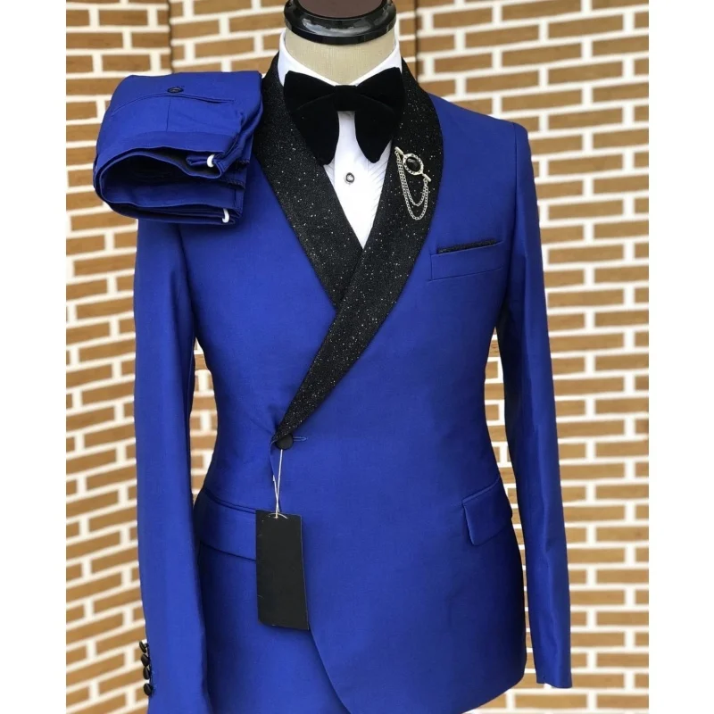 Shiny Black Collar Royal Blue Navy Men Suits Regular Fit 2 Piece Latest Design Wedding Suit For Men Blazer Sets Groom Tuxedo