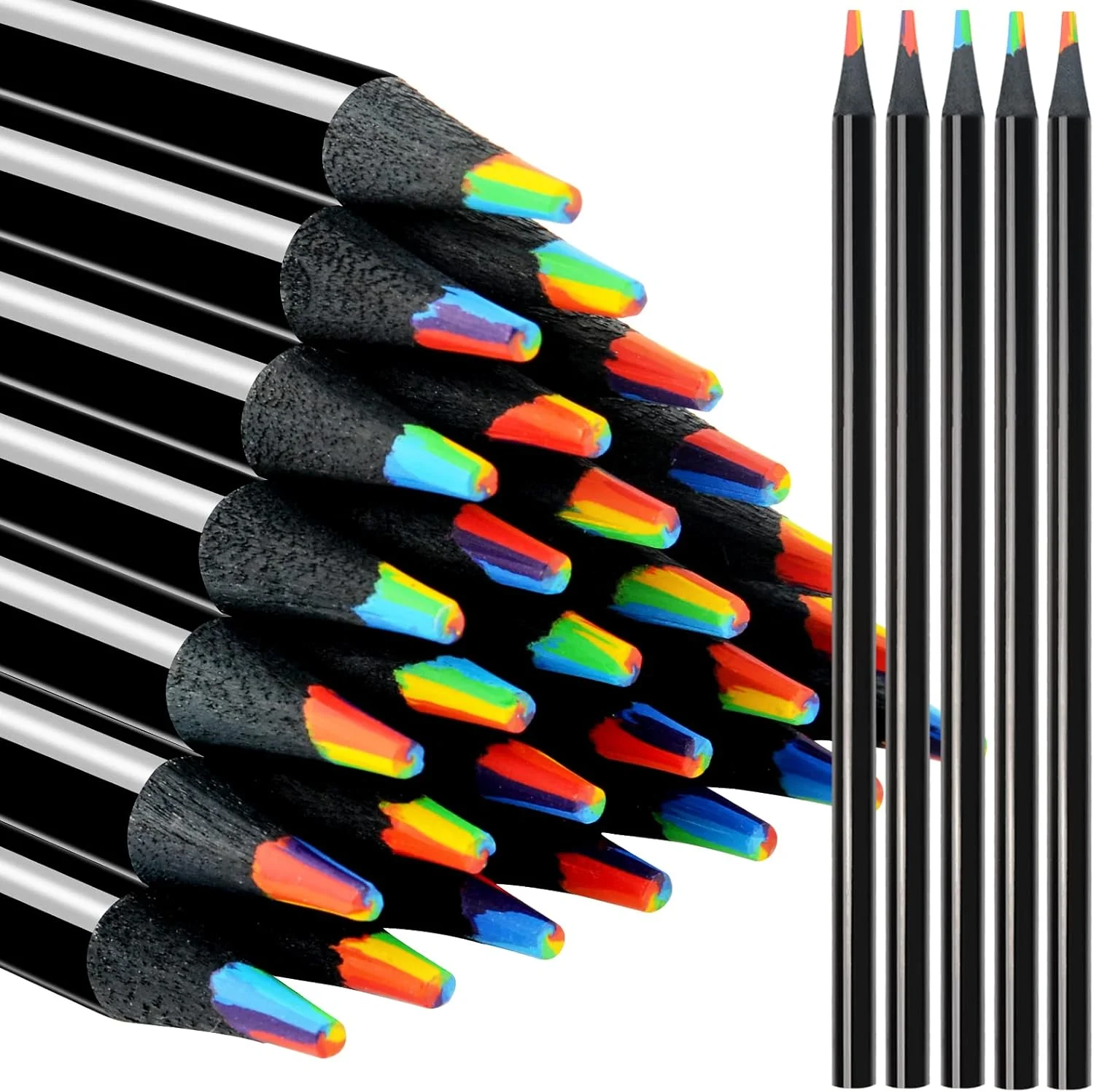 7 in 1 Rainbow Black Pencils Bulk, Colored Pencils Stocking for Kids, Black Wooden Multicolored Pencils