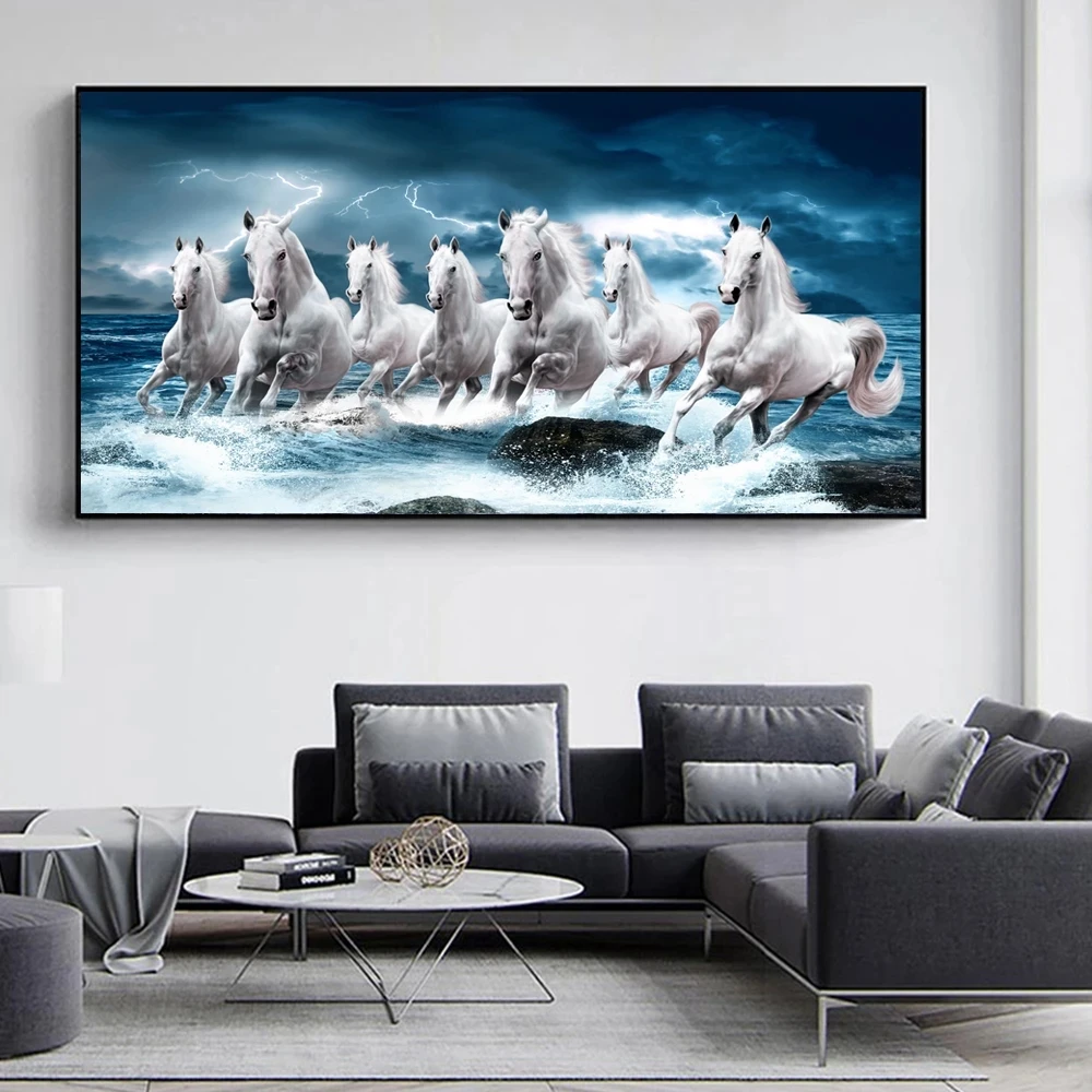 Modern Custom Large White Running Horses Canvas Wall Art Decor Printed Oil Painting Poster Prints for Home Living Room