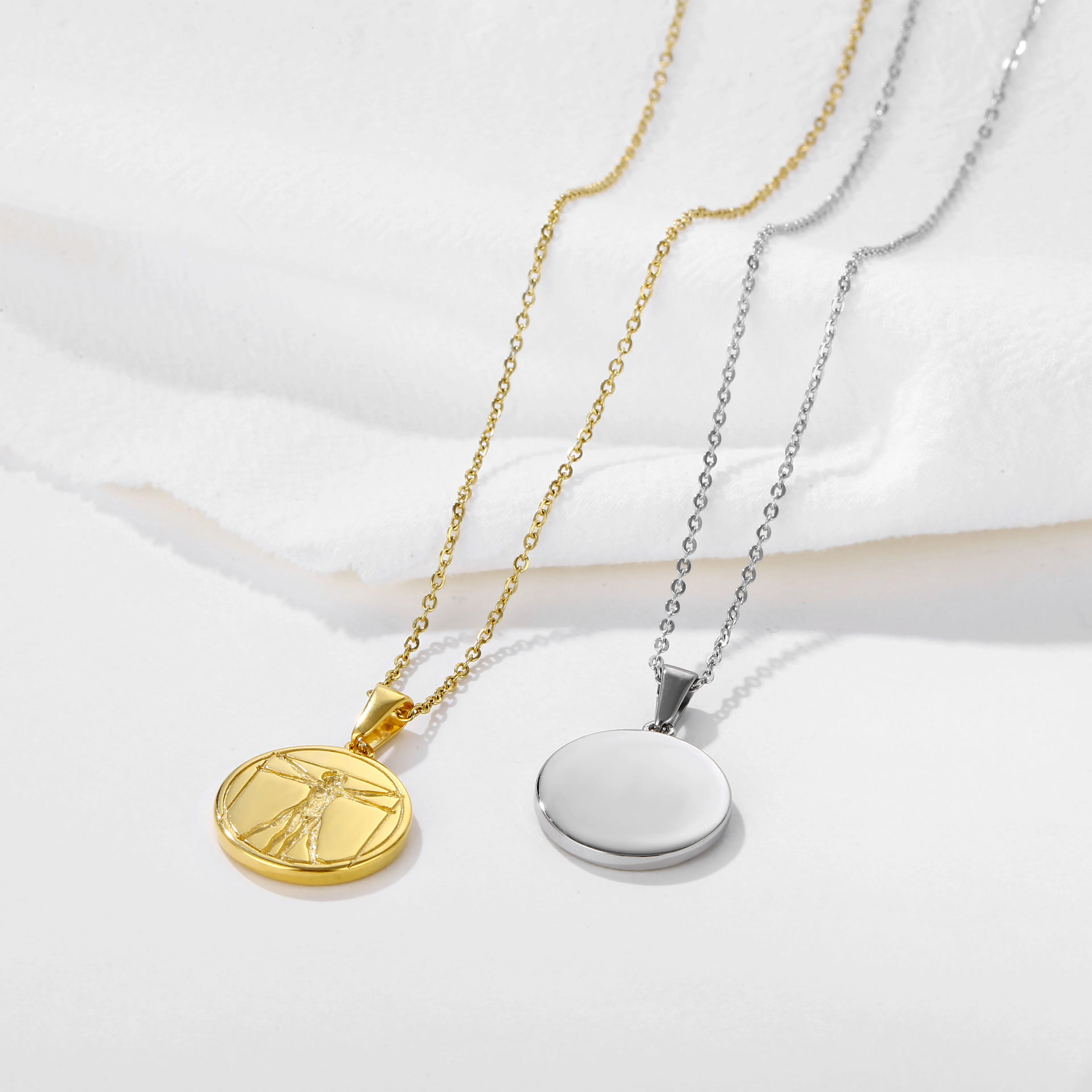 Fashion Jewelry Stainless Steel Silver Vitruvian Pendant Ancient Greek Mythology Roman Coin Da Vinci Vitruvian Charms Necklace